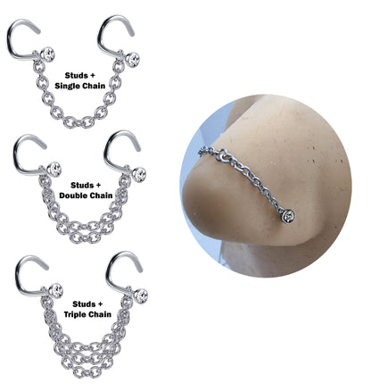 Titanium Nasallang Nose Chain Piercing - Nose Piercing with Nostril Screw stud and Crystals Body Piercing Nostril Jewelry with Bridge Chain