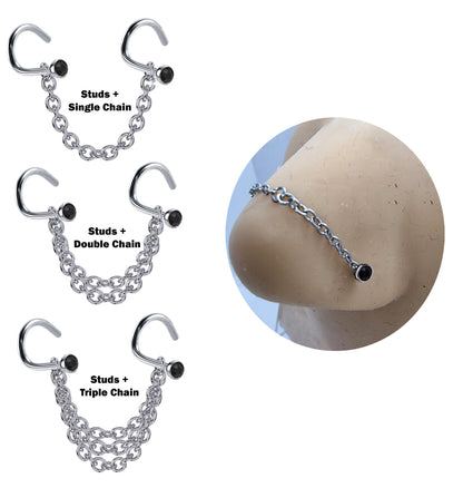 Titanium Nasallang Nose Chain Piercing - Nose Piercing with Nostril Screw stud and Crystals Body Piercing Nostril Jewelry with Bridge Chain