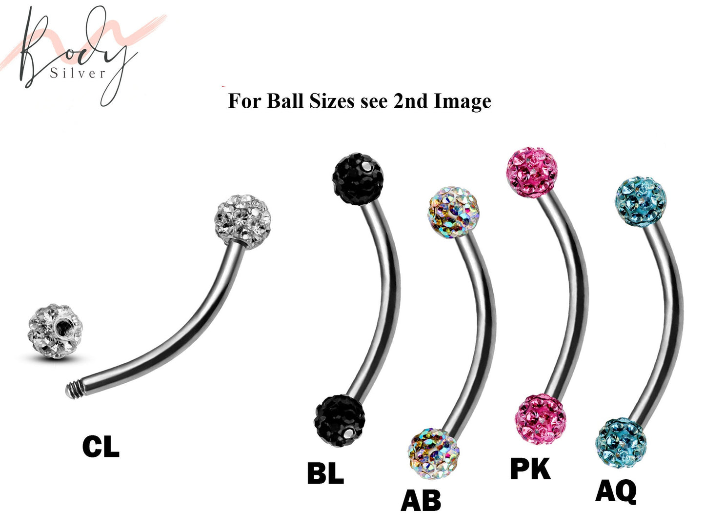 Eyebrow Piercing, Bent Barbell - Curve Barbell with Ferido Crystal Ball - Piercing for Ear Tragus, Helix Earring Stud ,Daith ,Lip