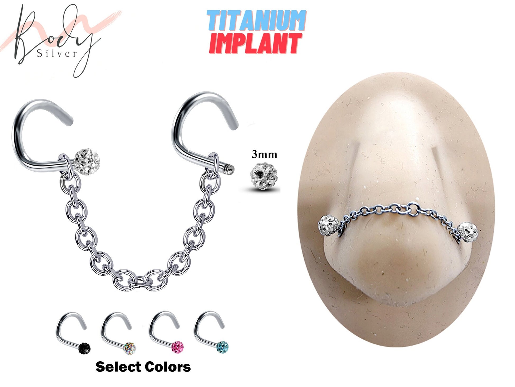 Titanium Nasallang jewelry, Nostril Chain- Nose Piercing with Nostril Screw Ferido Ball - Body Piercing Nostril Jewelry with Bridge Chain