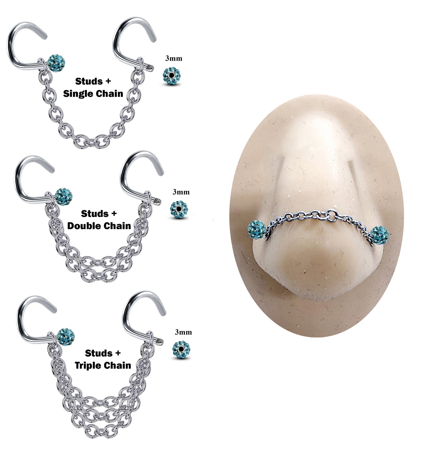 Titanium Nasallang jewelry, Nostril Chain- Nose Piercing with Nostril Screw Ferido Ball - Body Piercing Nostril Jewelry with Bridge Chain