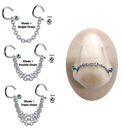 Tiranium Nasallang Piercing, Nostril Chain with Nostril Stud and Multiple CZ Crystals Ball- Body Piercing Nostril Jewelry with Bridge Chain