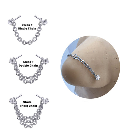 Titanium Nasallang Nose Chain Piercing, Straight Nostril Jewelry - Nose Piercing with Prong Set Crystals - Nostril Jewelry with Bridge Chain