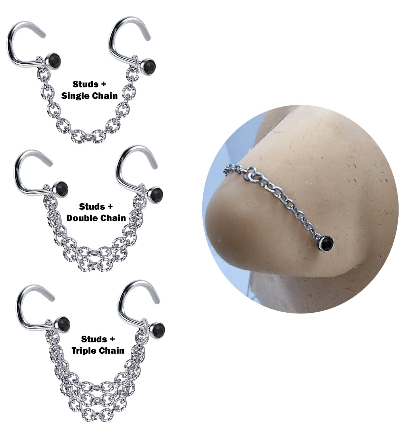 Titanium Nose Chain Piercing - Nose Piercing with Nostril Screw stud and CZ Crystals - Body Piercing Nostril Jewelry with Bridge Chain