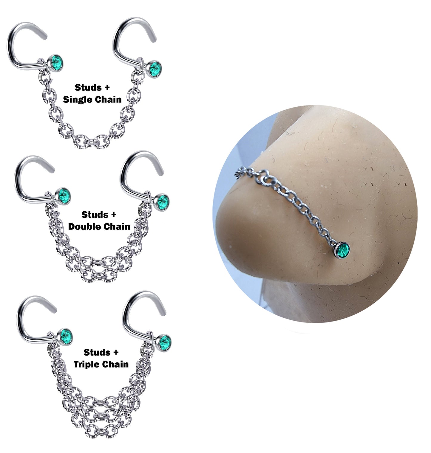 Titanium Nose Chain Piercing - Nose Piercing with Nostril Screw stud and CZ Crystals - Body Piercing Nostril Jewelry with Bridge Chain