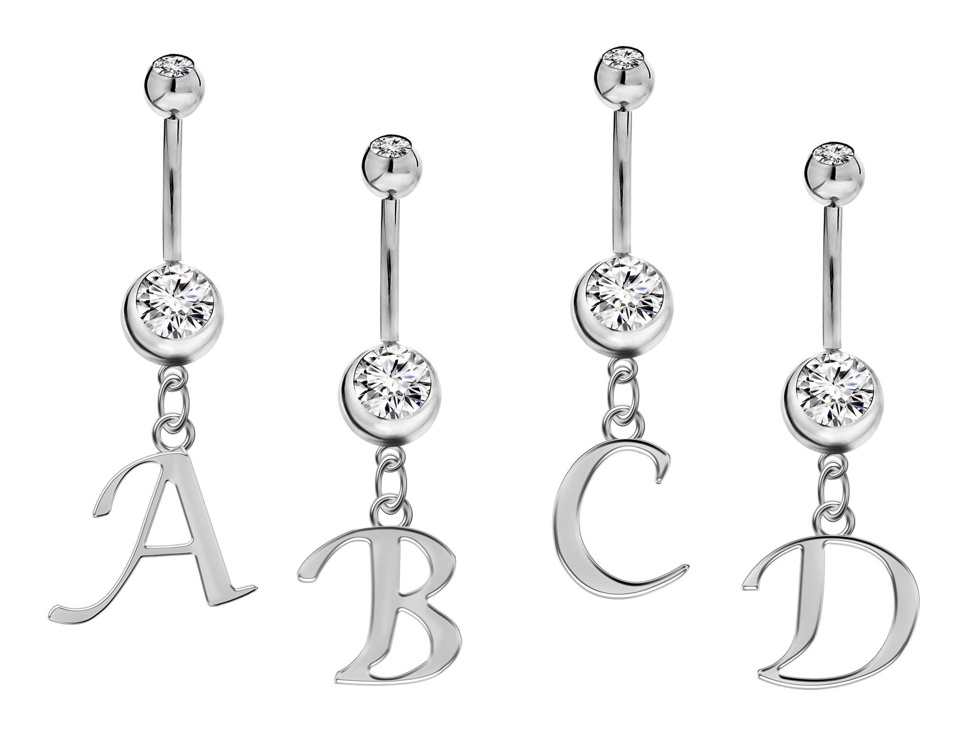 Titanium Navel Jewelry, Belly Button Jewelry - 14g Belly Bar with Dangle Sterling Silver Initial Letter Charm A-Z- Alphabet Belly Ring