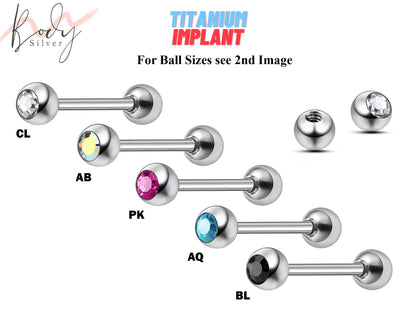 Titanium Tongue Barbell, Industrial Piercing- Barbell Piercing with Gem Ball CZ Crystals. Piercing for, Daith, Tragus, Nipple, Earrings