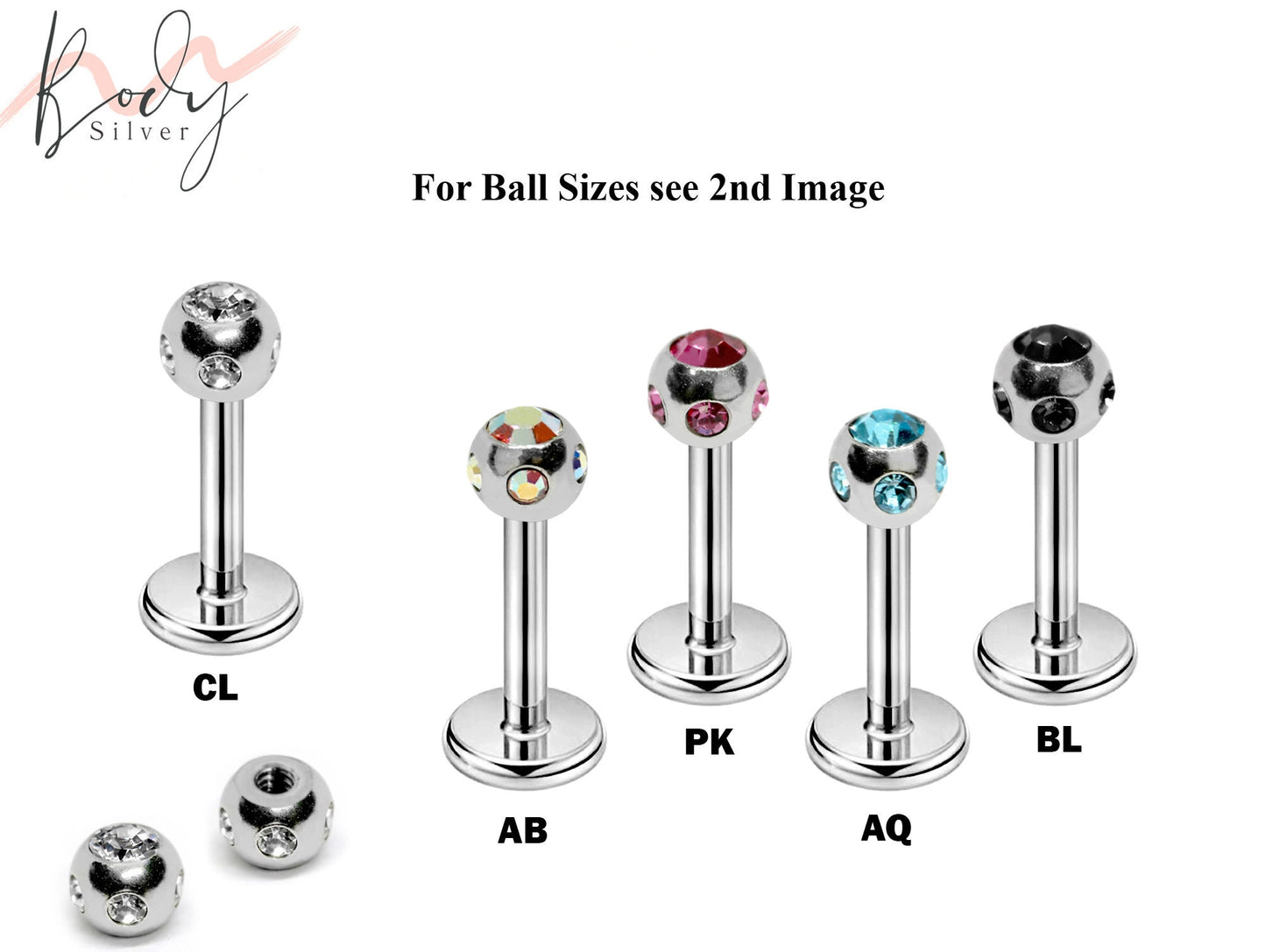 Flat Back Cartilage Earring- Multi Stone Ball Labret Jewelry Body Piercing for Monroe Lip Ring, Tragus Helix Earring Stud