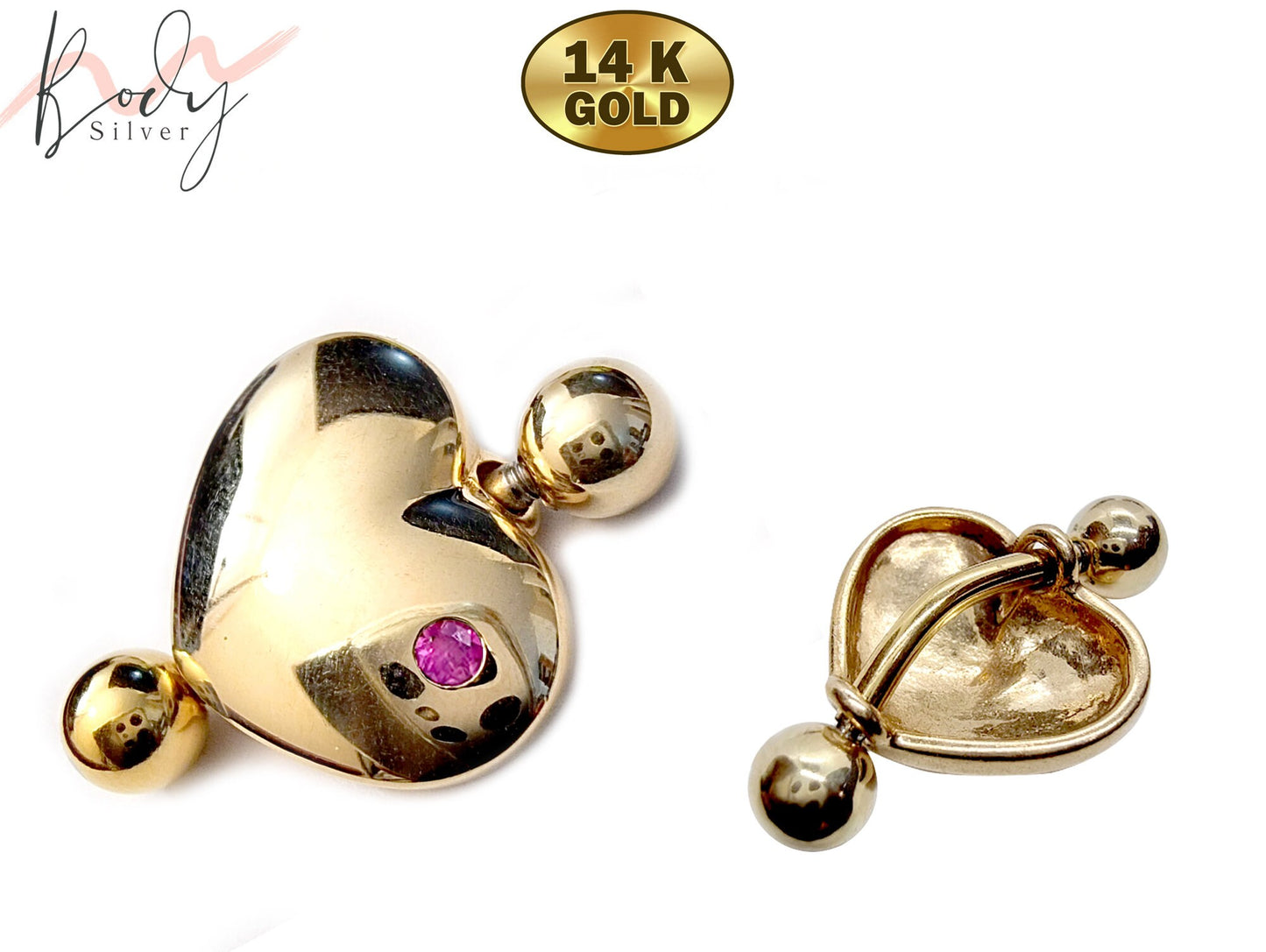 Solid Gold Belly 14K Gold Heart Belly Rings - Button Ring with Gem Stone - 14g Belly Ring - Finest Quality Gold Body Piercing Jewelry