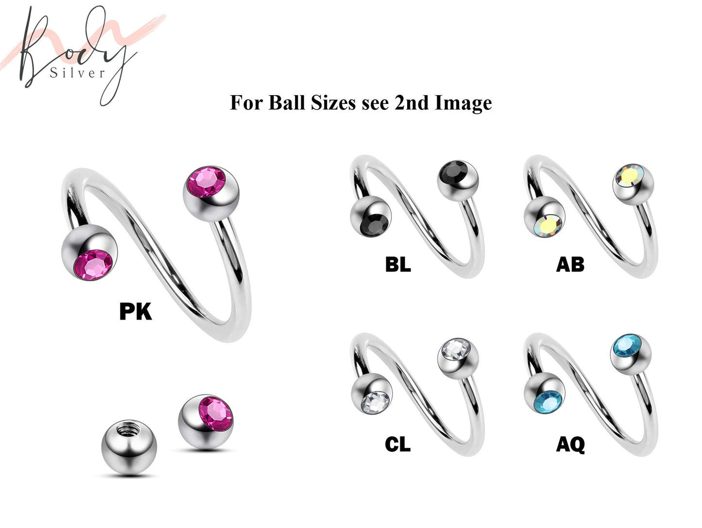 Spiral Barbell, Twisted Barbell - Surgical Steel Color Gem Ball Crystal Barbell - Piercing for Lip Ring, Eyebrow Piercing, Helix Earring