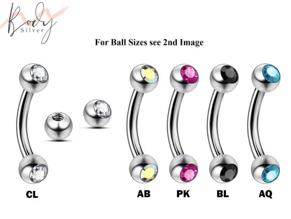 Eyebrow Piercing, Bent Barbell - 18g 16g 14g Curve Barbell with Gem Ball Crystal - Piercing for Ear Tragus, Helix Earring Stud ,Daith ,Lip