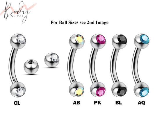 Eyebrow Piercing, Bent Barbell - 18g 16g 14g Curve Barbell with Gem Ball Crystal - Piercing for Ear Tragus, Helix Earring Stud ,Daith ,Lip