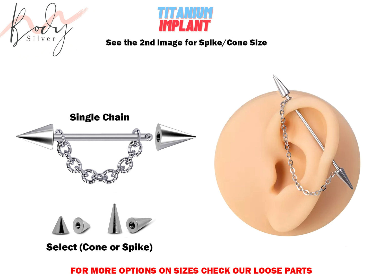 Titanium Industrial Piercing, Cone/Spike Barbell Earrings with Chain - 16g 14g Straight Barbell Industrial Studs