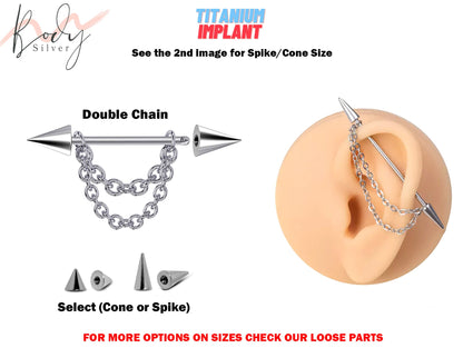 Titanium Industrial Piercing, Cone/Spike Barbell Earrings with Chain - 16g 14g Straight Barbell Industrial Studs