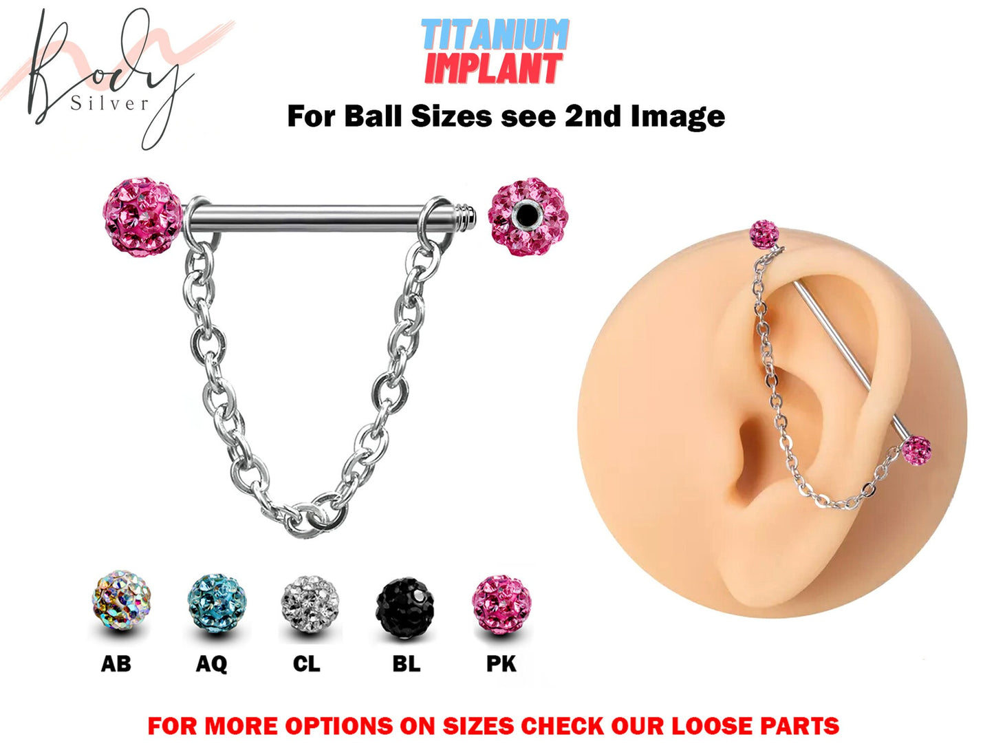 Titanium Industrial Piercing, Barbell Earrings with Piercing Chain & Disco Ball Crystals - 16g 14g Straight Barbell Industrial Studs