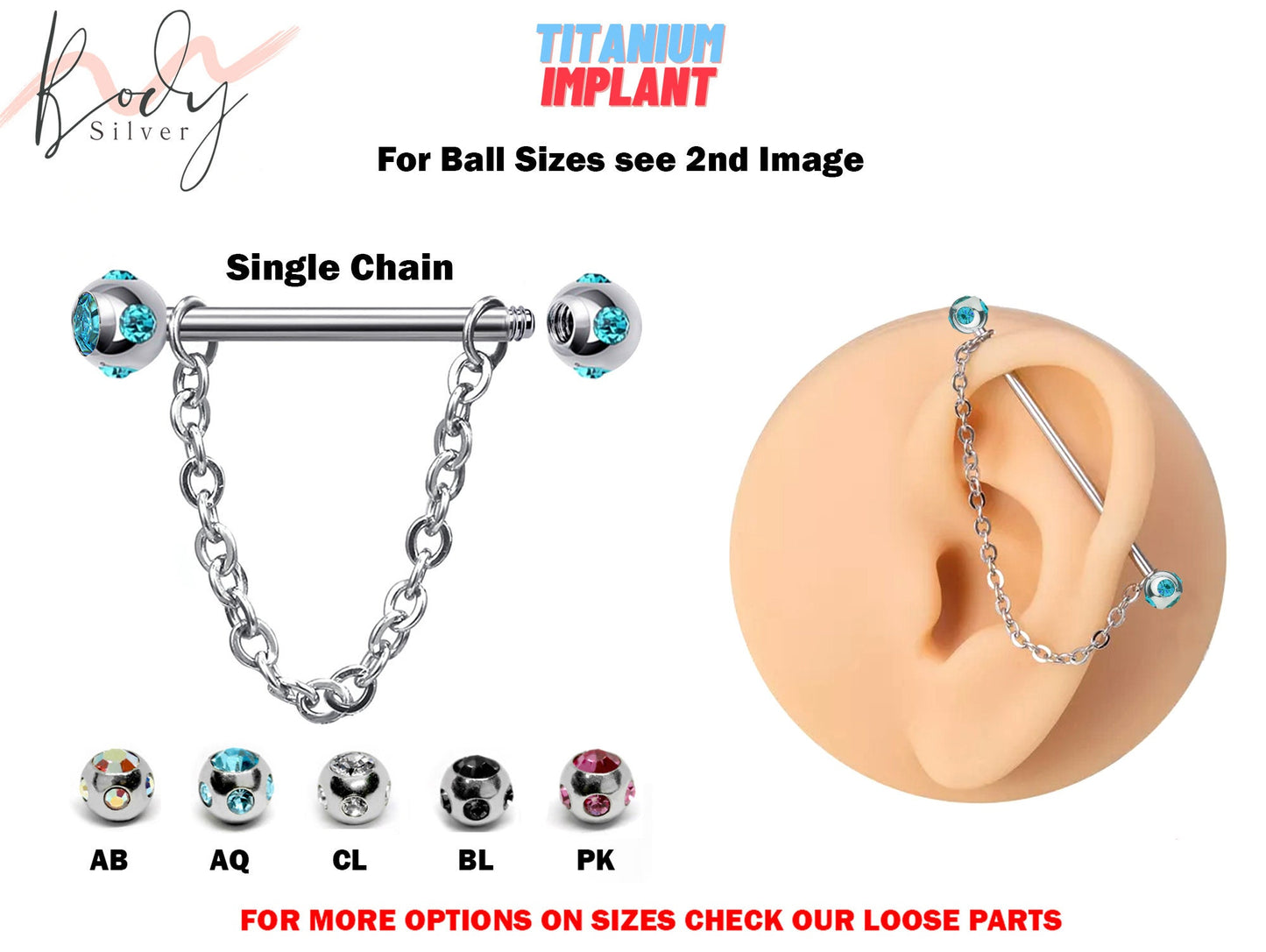 Titanium Industrial Piercing, Barbell Earrings with Piercing Chain & Multiple Crystal Ball - 16g 14g Straight Barbell Industrial Studs