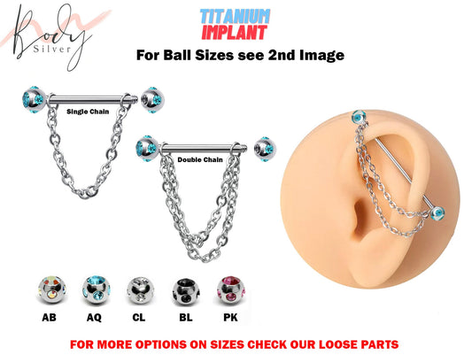 Titanium Industrial Piercing, Barbell Earrings with Piercing Chain & Multiple Crystal Ball - 16g 14g Straight Barbell Industrial Studs