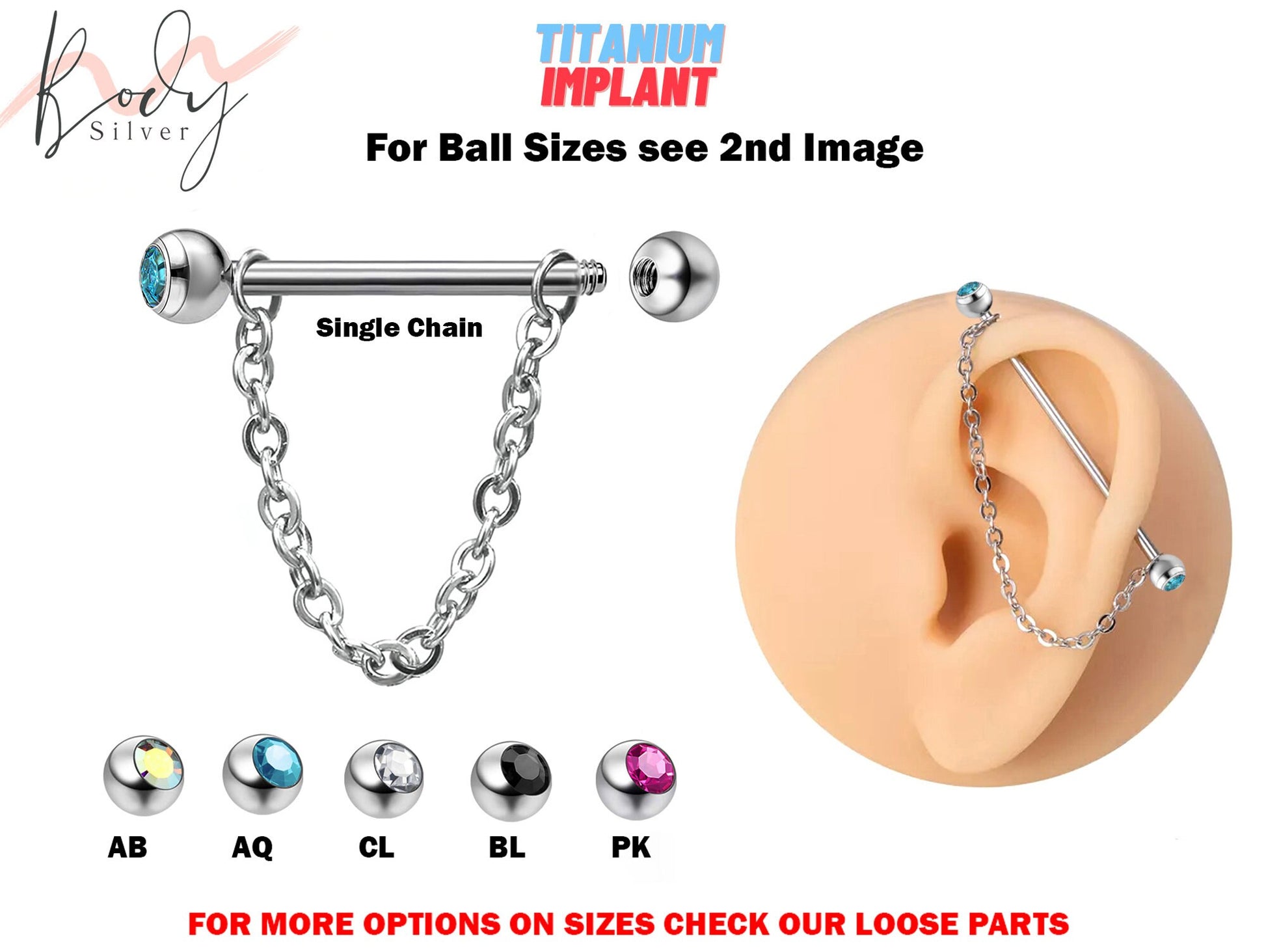 Titanium Industrial Piercing Barbell Earrings with Piercing Chain & Gem Ball Crystals - 16g 14g Straight Barbell Industrial Studs