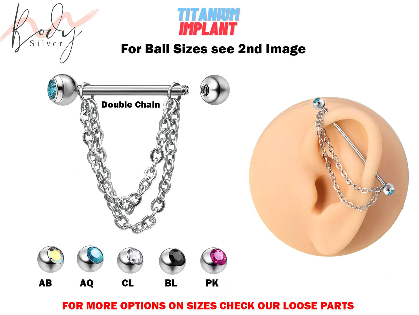 Titanium Industrial Piercing Barbell Earrings with Piercing Chain & Gem Ball Crystals - 16g 14g Straight Barbell Industrial Studs