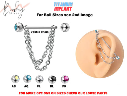 Titanium Industrial Piercing Barbell Earrings with Piercing Chain & Gem Ball Crystals - 16g 14g Straight Barbell Industrial Studs