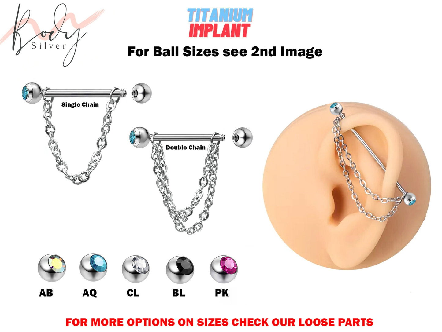 Titanium Industrial Piercing Barbell Earrings with Piercing Chain & Gem Ball Crystals - 16g 14g Straight Barbell Industrial Studs