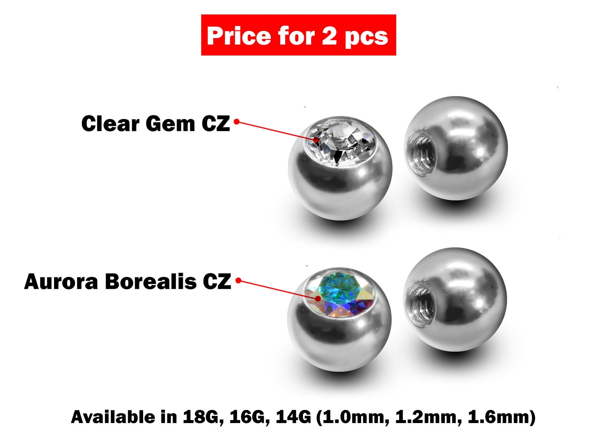 Replacement Piercing Parts Gem Ball – 2pcs Piercing Ball Crystals Loose Part Attachment for Barbell, Labret, Horseshoe Externally Threaded