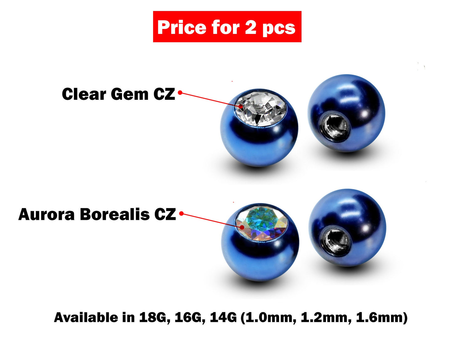 Replacement Piercing Parts Gem Ball – 2pcs Piercing Ball Crystals Loose Part Attachment for Barbell, Labret, Horseshoe Externally Threaded