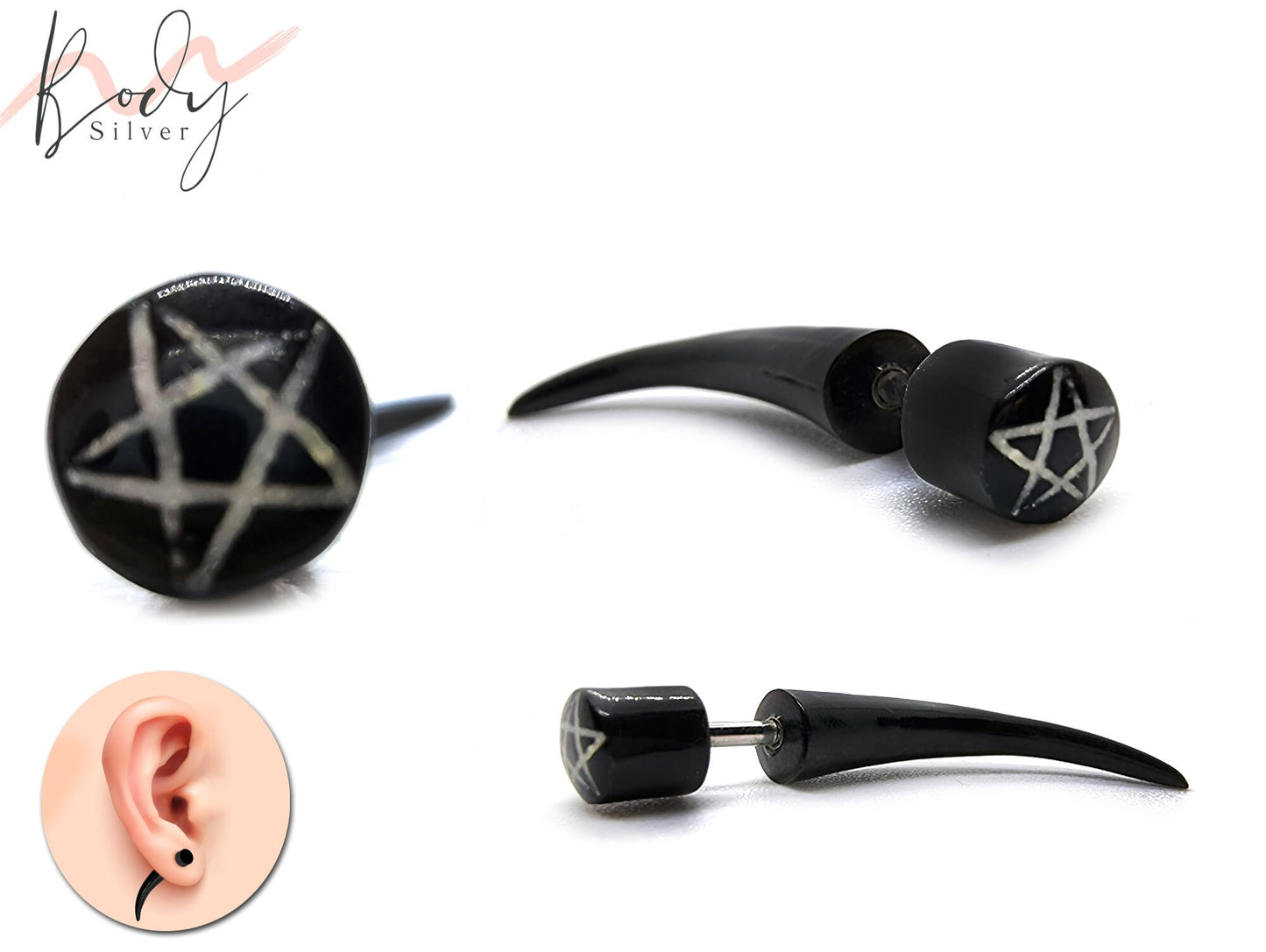 Plug Fake Horn Earrings - 16g Titanium Implant in many Different Designs - Black Claw Ear Studs, Cheater Fake Ear Plugs Gauges