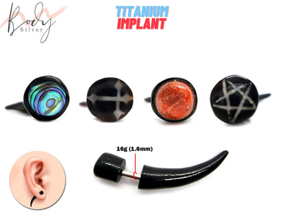 Plug Fake Horn Earrings - 16g Titanium Implant in many Different Designs - Black Claw Ear Studs, Cheater Fake Ear Plugs Gauges