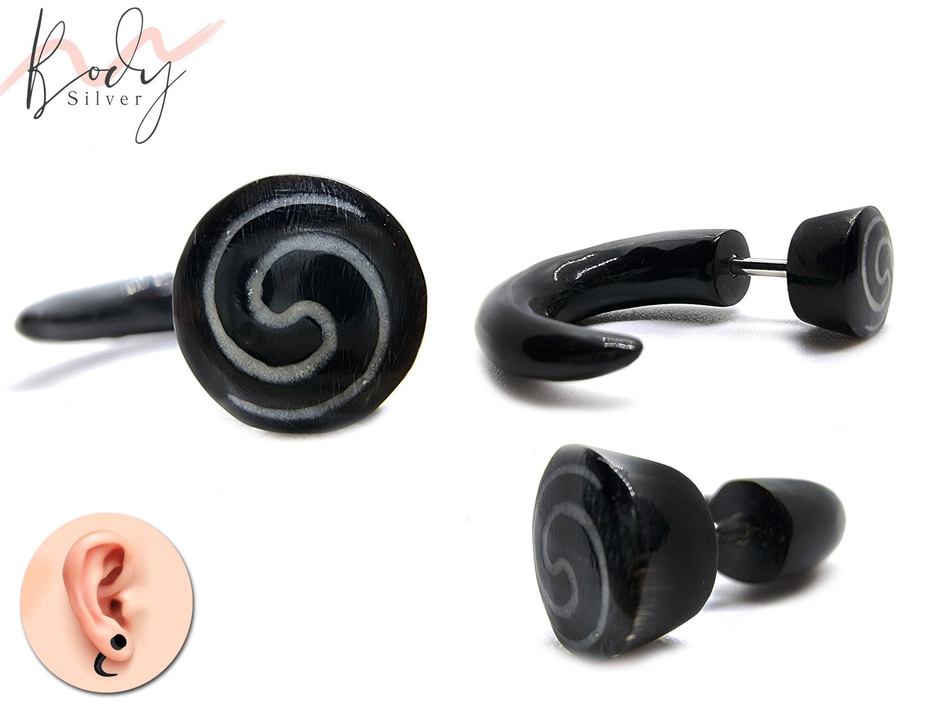 Fake Gauges Earrings - 16g Titanium Implant in Hand Carved Buffalo Horn and Pearl - Black Claw Ear Studs, Cheater Fake Horn Ear Plugs