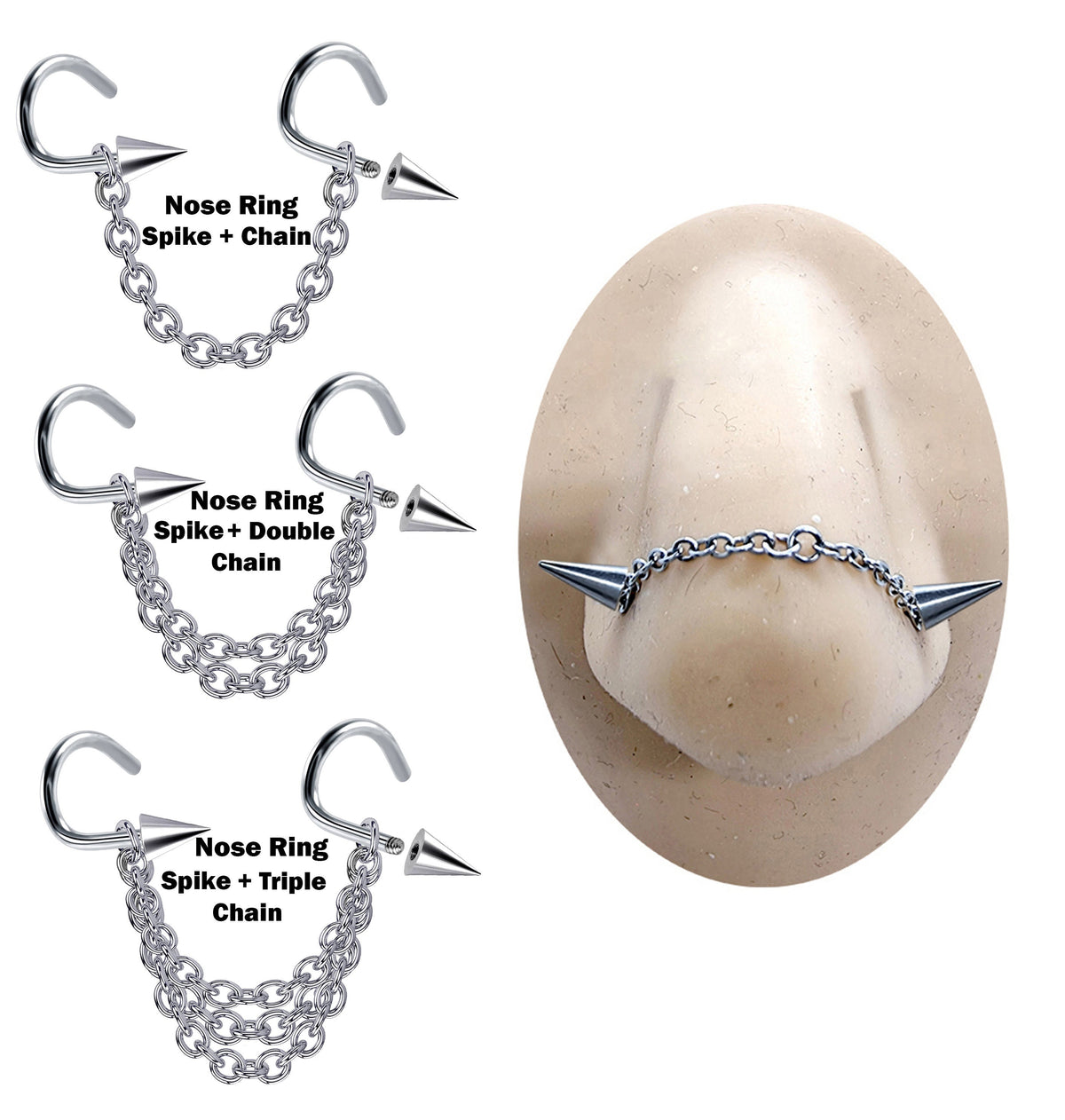 Titanium Spike Nostril Screw, Nasallang Nose Chain Nose Stud with Nostril Screw Cone/Spike - Body Piercing Nostril Jewelry with Bridge Chain