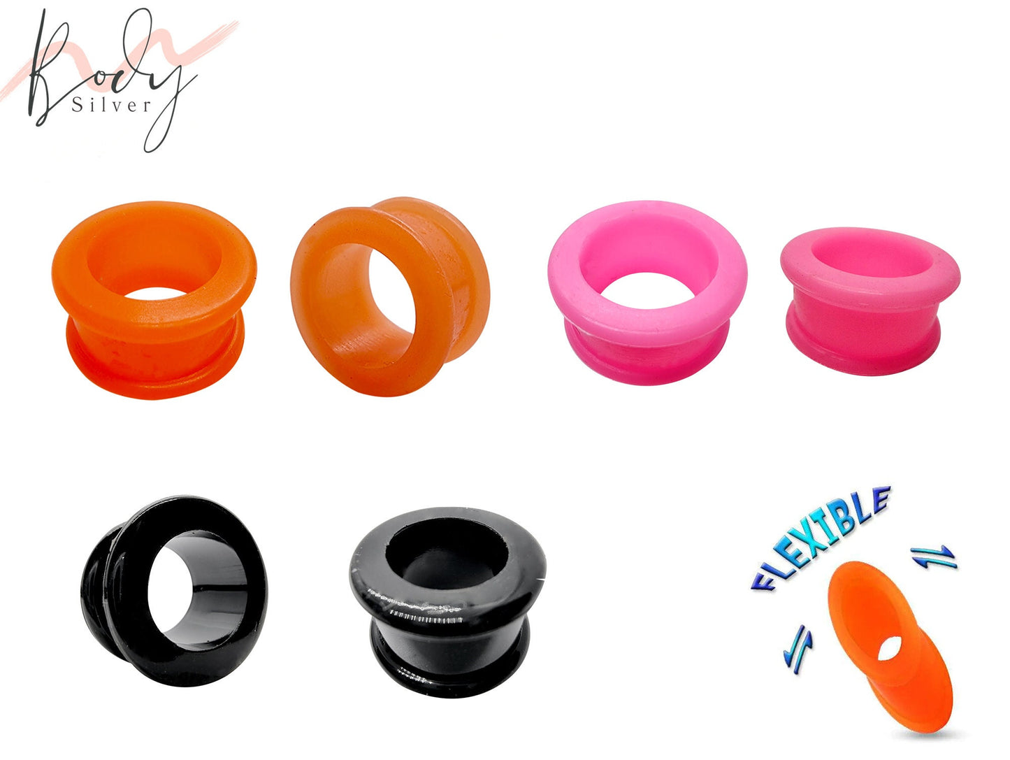 Silicone Ear Plugs Orange, Black and Pink - Soft and Flexible Ear Eyelets - Plugs Retainer Gauges - 00G to 8G Flesh Tunnel Ear Stretcher