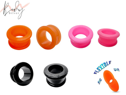 Silicone Ear Plugs Orange, Black and Pink - Soft and Flexible Ear Eyelets - Plugs Retainer Gauges - 00G to 8G Flesh Tunnel Ear Stretcher