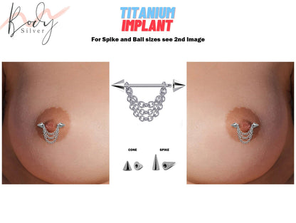 Titanium Nipples Piercing, Nipples Jewelry - 16g 14g Spike / Cone Nipple Shield Piercing with Piercing Chain, Nipple Rings, Nipple Chain