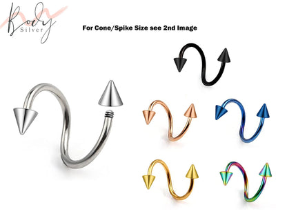 Spiral Spike Barbell, Twisted Barbell - Spike Eyebrow Piercing Body Piercing for Lip, Helix Earring Stud ,Daith