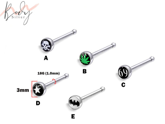 Nose Bone Stud, Nose Piercing - 18G Nostril Logo Studs - 69, Ganja, Skull, Star and Bat - Body Piercing Nose Jewelry, Nose Pin