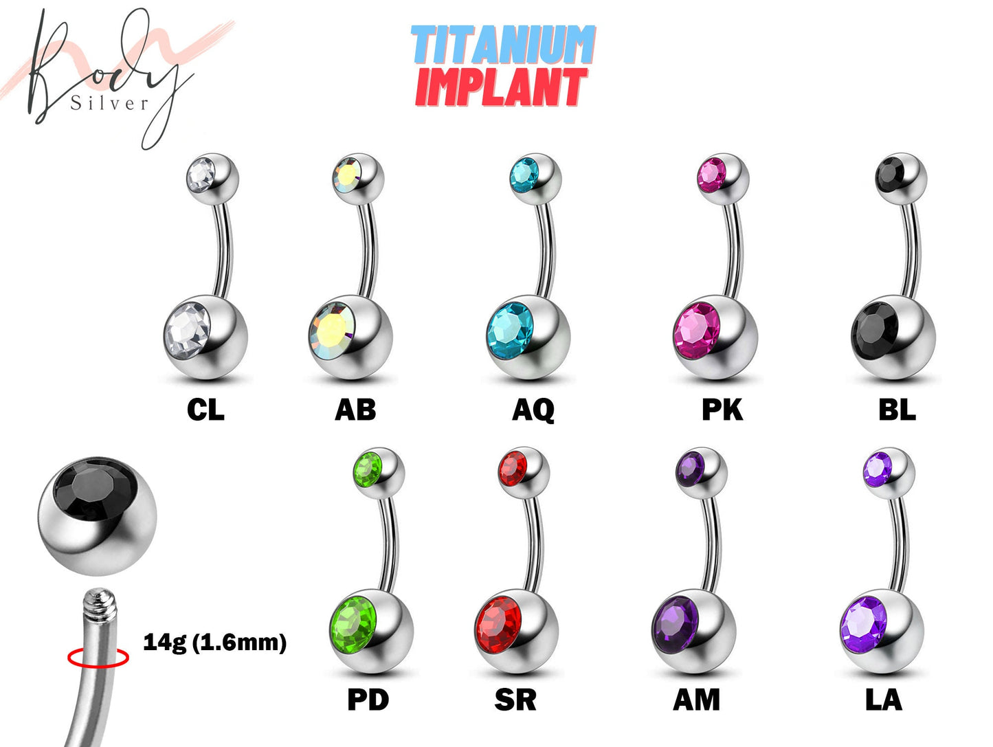 Titanium Belly Rings, Belly Button Piercing - 14g Belly Bar with Double Gem Ball Crystal - Piercing for Navel Ring, Navel Piercing