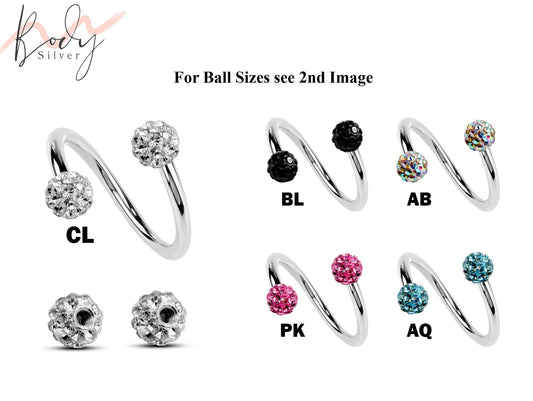 Spiral Barbell, Twisted Barbell - Color Ferido Ball, Disco Ball Crystal Barbell - Piercing for Lip Ring, Eyebrow Piercing, Helix Earring