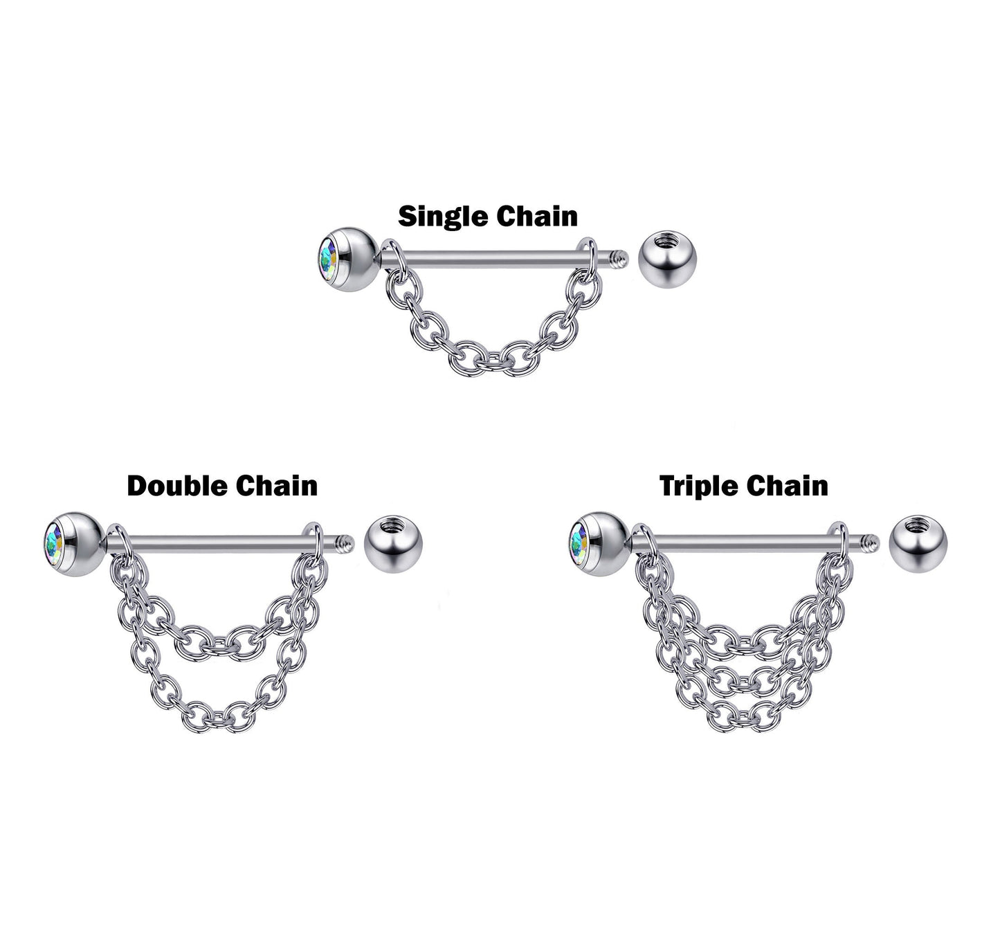 Titanium Nipple Piercing Chain, Nipple Barbell - 16g 14g Nipple Jewelry Barbell with Chain and CZ Gem Ball Crystals - Nipple Jewelry