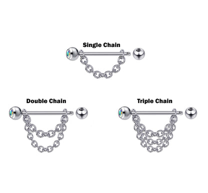 Titanium Nipple Piercing Chain, Nipple Barbell - 16g 14g Nipple Jewelry Barbell with Chain and CZ Gem Ball Crystals - Nipple Jewelry