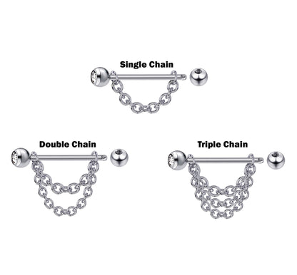 Titanium Nipple Piercing Chain, Nipple Barbell - 16g 14g Nipple Jewelry Barbell with Chain and CZ Gem Ball Crystals - Nipple Jewelry