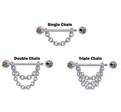 Titanium Nipple Barbell, Nipple Piercing Chain - 16g 14g Nipple Jewelry Barbell with Chain and CZ Disco Ball Crystals - Nipple Jewelry