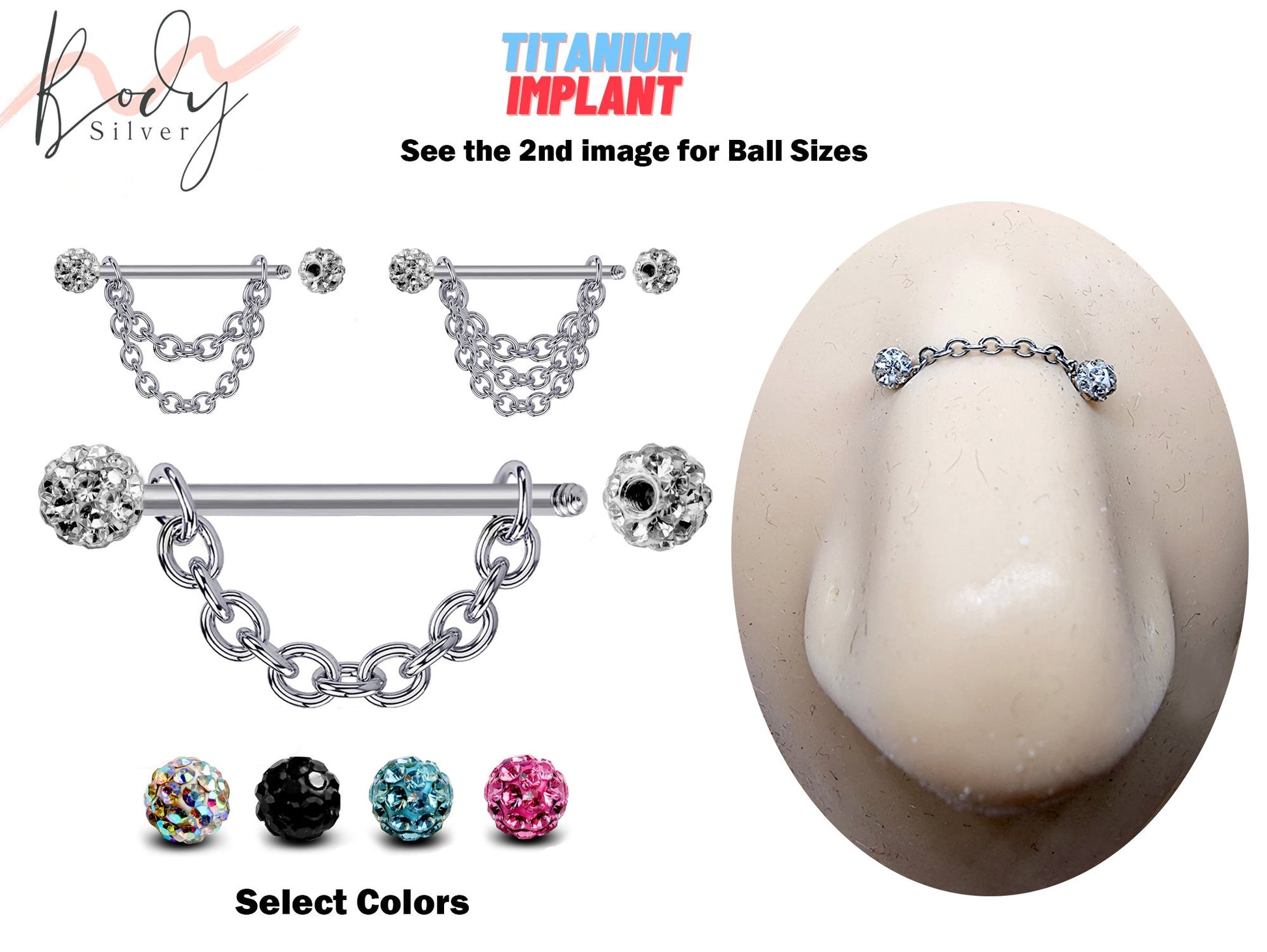 Titanium Nose Bridge Piercing, Nose Barbell- Nose Chain Piercing with Disco Ball CZ Crystals Body Piercing Nostril Jewelry with Bridge Chain