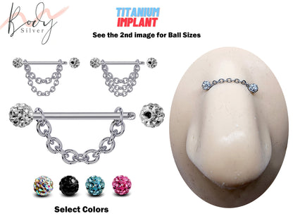 Titanium Nose Bridge Piercing, Nose Barbell- Nose Chain Piercing with Disco Ball CZ Crystals Body Piercing Nostril Jewelry with Bridge Chain