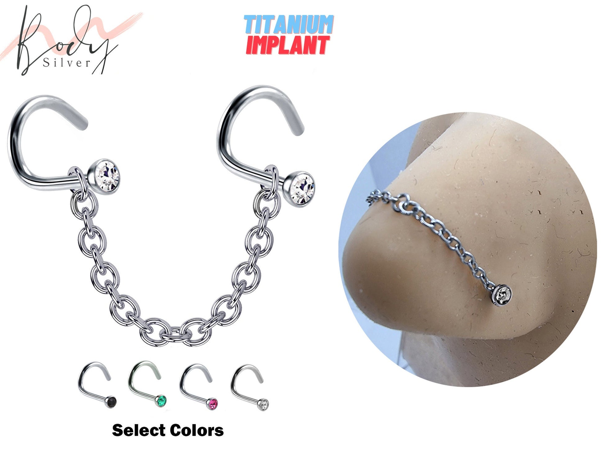 Titanium Nasallang Nose Chain Piercing - Nose Piercing with Nostril Screw stud and Crystals Body Piercing Nostril Jewelry with Bridge Chain