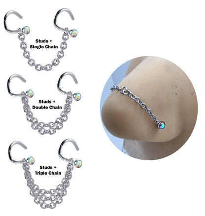 Titanium Nasallang Nose Chain Piercing - Nose Piercing with Nostril Screw stud and Crystals Body Piercing Nostril Jewelry with Bridge Chain