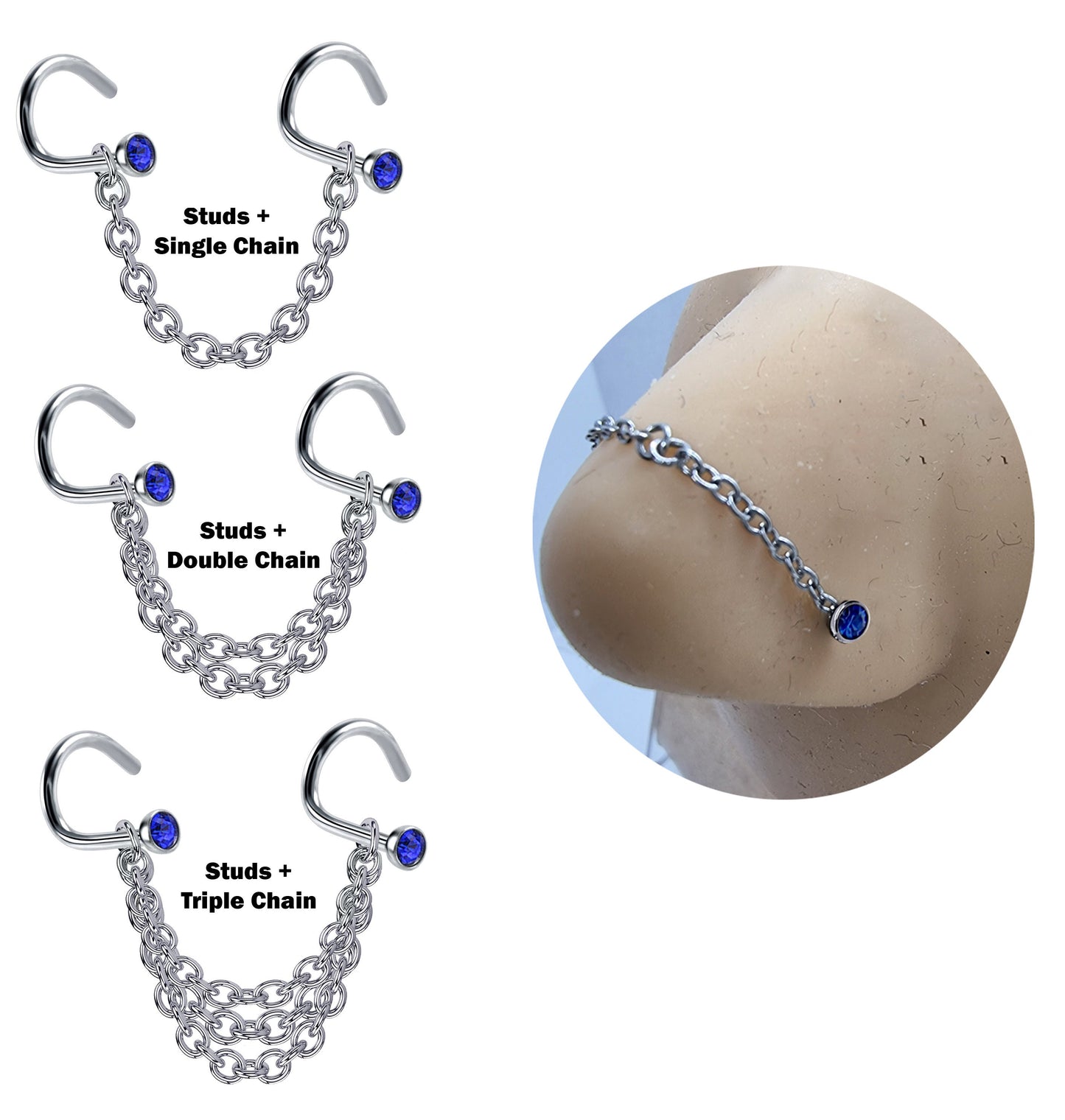 Titanium Nasallang Nose Chain Piercing - Nose Piercing with Nostril Screw stud and Crystals Body Piercing Nostril Jewelry with Bridge Chain