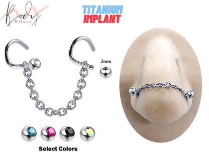 Titanium Nasallang Piercing, Nostril Chain- Nose Piercing with Nostril Screw Gem Ball CZ Crystals - Nostril Jewelry with Bridge Chain