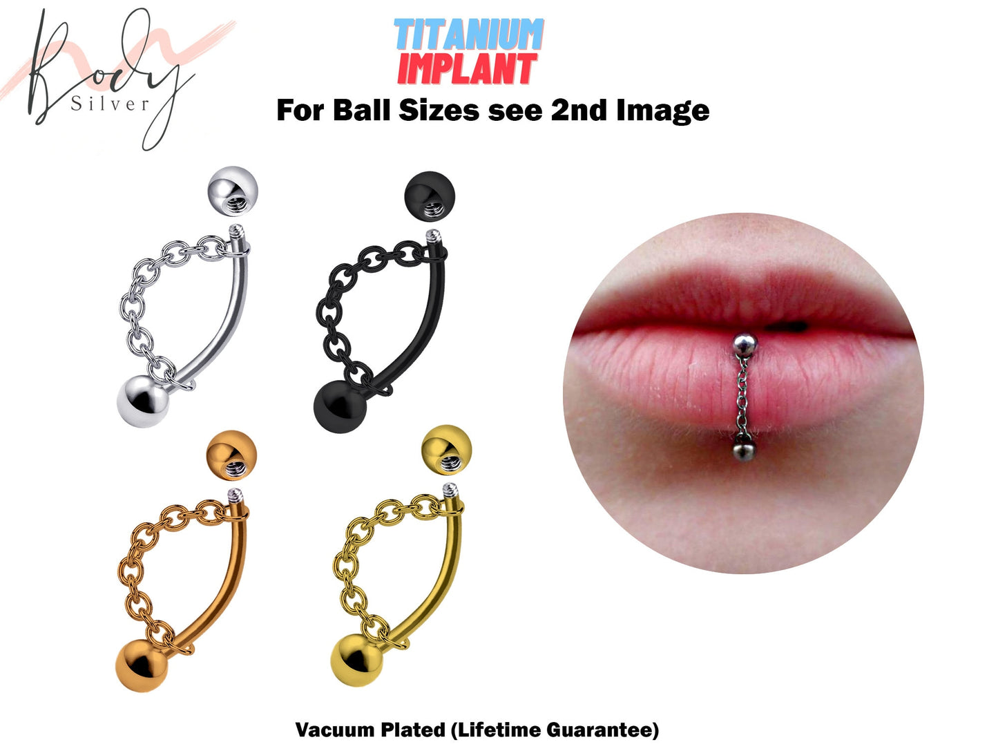 Titanium Lip Ring Vertical Labret Piercing with Chains - 18g 16g 14g Lip Piercing Curved Bar, Body Jewelry Gold, Rose Gold, Black & Steel