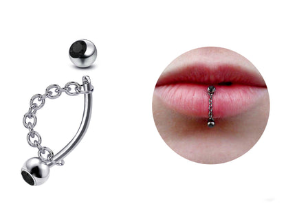 Titanium Lip Stud Vertical Labret Piercing with CZ Gem Ball - 18g 16g 14g Lip Piercing Curved Bar Lip Jewelry Gold, Rose Gold, Black & Steel